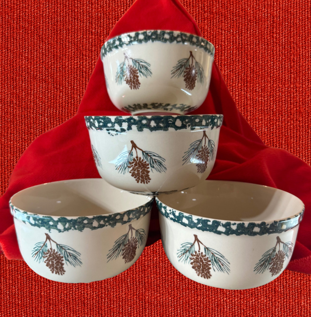 Vintage Tienshan Folkcraft Pinecone Cereal Bowls Stoneware Set of 4 Rustic Cabin